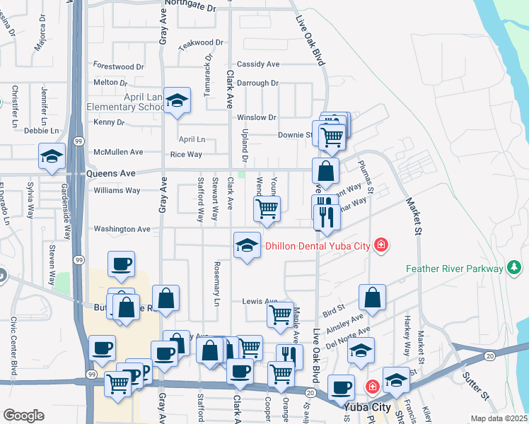 map of restaurants, bars, coffee shops, grocery stores, and more near 1423 Wendell Way in Yuba City