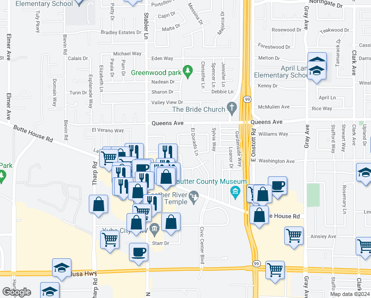map of restaurants, bars, coffee shops, grocery stores, and more near 1414 Mirada Circle in Yuba City