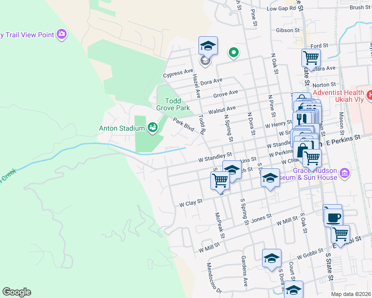 map of restaurants, bars, coffee shops, grocery stores, and more near 212 Park Ct in Ukiah