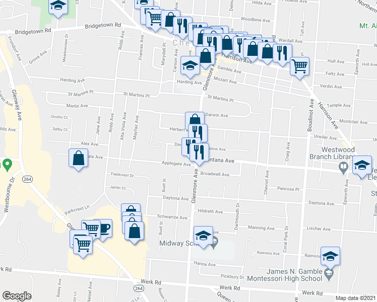 map of restaurants, bars, coffee shops, grocery stores, and more near 3719 Dina Avenue in Cincinnati