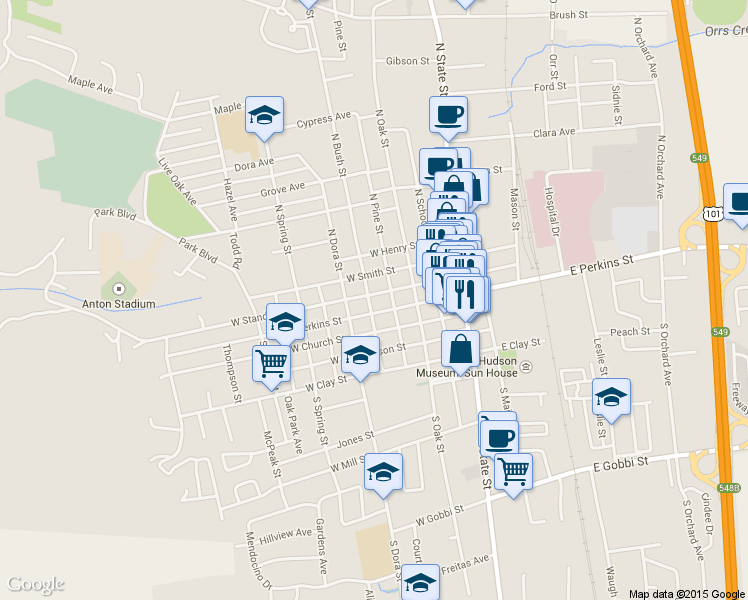 map of restaurants, bars, coffee shops, grocery stores, and more near 417 West Standley Street in Ukiah