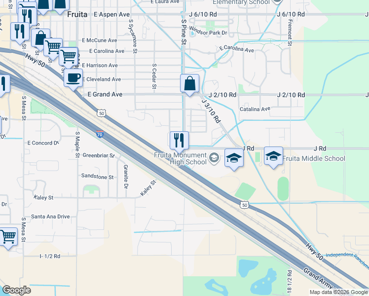 map of restaurants, bars, coffee shops, grocery stores, and more near 1801 Wildcat Avenue in Fruita
