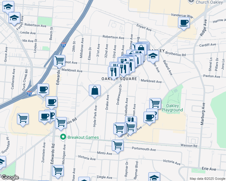 map of restaurants, bars, coffee shops, grocery stores, and more near 2961 Madison Road in Cincinnati