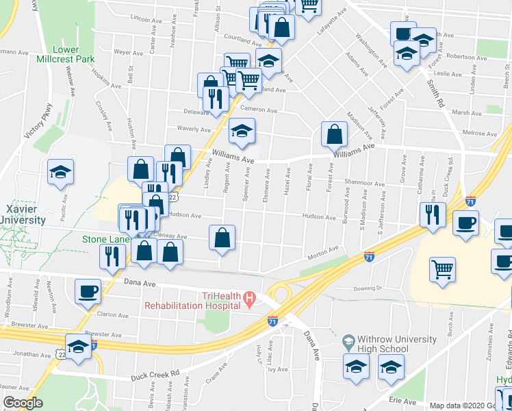map of restaurants, bars, coffee shops, grocery stores, and more near 2126 Hudson Avenue in Cincinnati