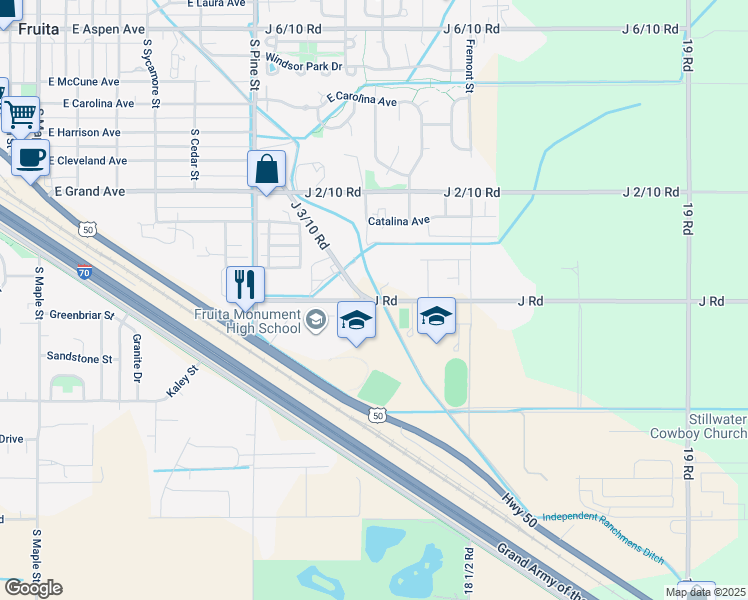 map of restaurants, bars, coffee shops, grocery stores, and more near 1815 J Road in Fruita