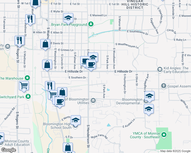 map of restaurants, bars, coffee shops, grocery stores, and more near 606 East Hillside Drive in Bloomington