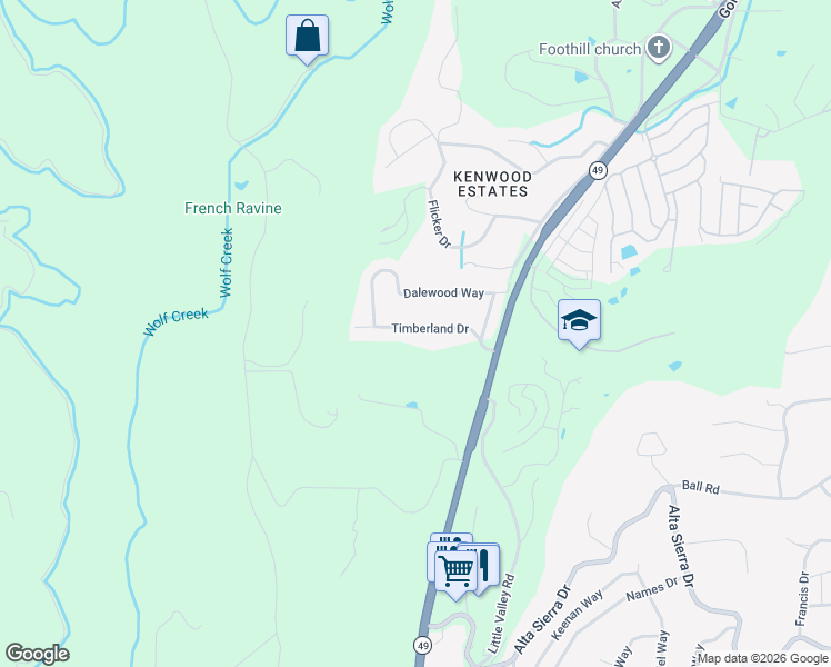 map of restaurants, bars, coffee shops, grocery stores, and more near 10181 Timberland Drive in Grass Valley
