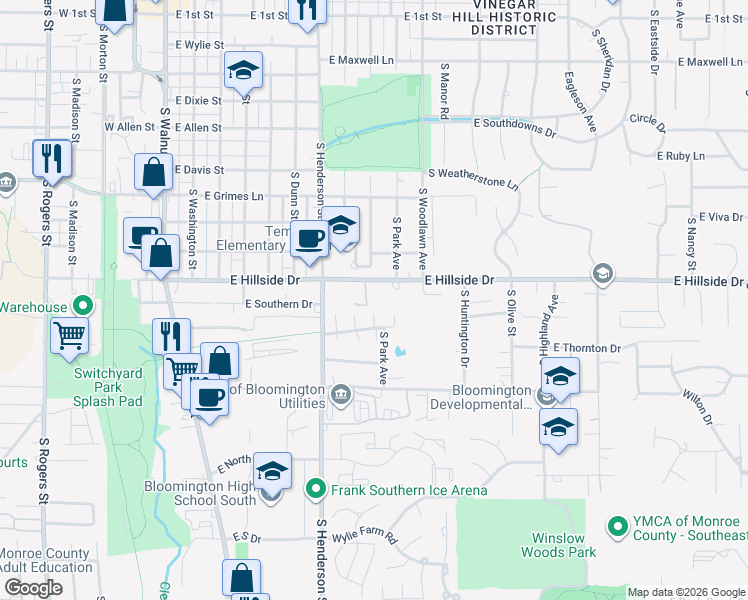 map of restaurants, bars, coffee shops, grocery stores, and more near 1603 South Greystone Court in Bloomington
