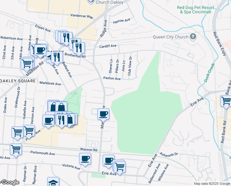 map of restaurants, bars, coffee shops, grocery stores, and more near 3439 South Club Crest Avenue in Cincinnati