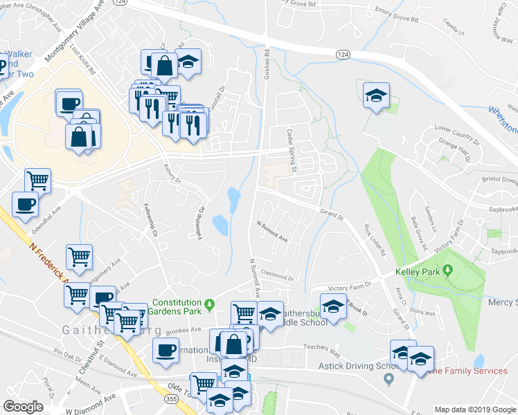 map of restaurants, bars, coffee shops, grocery stores, and more near 384 North Summit Avenue in Gaithersburg