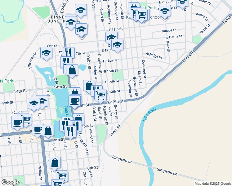 map of restaurants, bars, coffee shops, grocery stores, and more near 202 East 13th Street in Marysville