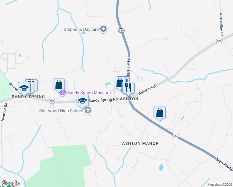map of restaurants, bars, coffee shops, grocery stores, and more near 17959 Ashton Club Way in Ashton-Sandy Spring