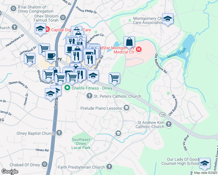 map of restaurants, bars, coffee shops, grocery stores, and more near 2944 Olney Sandy Spring Road in Olney