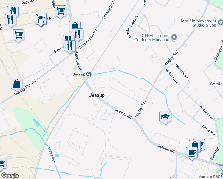 map of restaurants, bars, coffee shops, grocery stores, and more near 2349 Terrapin Crossing in Jessup