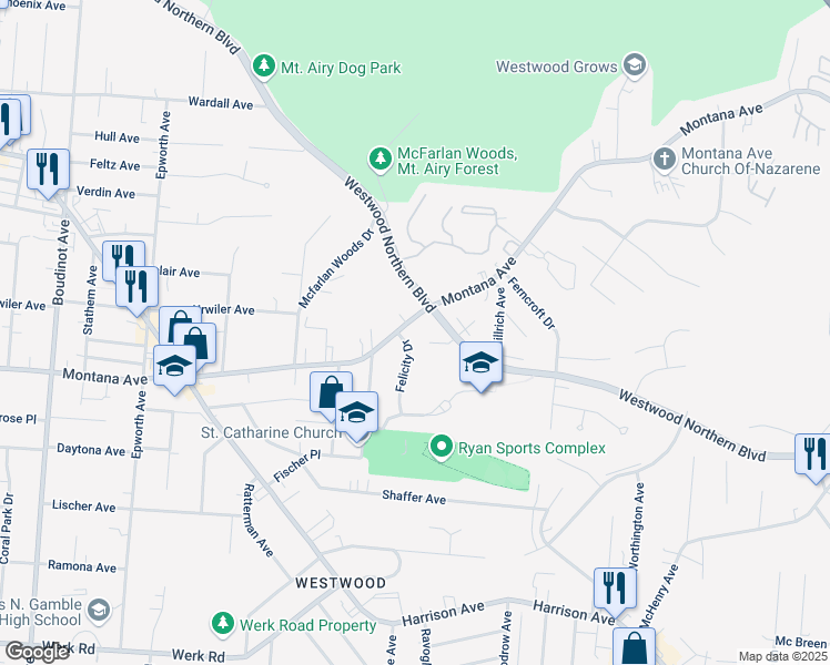 map of restaurants, bars, coffee shops, grocery stores, and more near 2797 Montana Avenue in Cincinnati