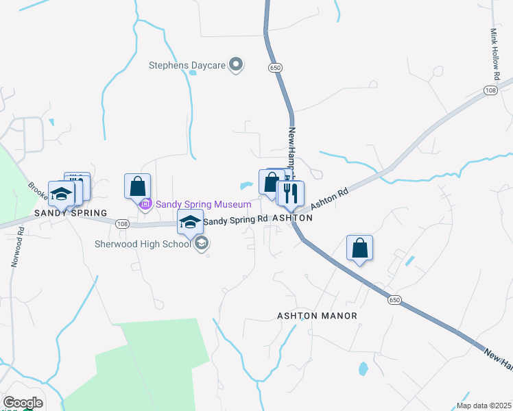 map of restaurants, bars, coffee shops, grocery stores, and more near 17927 Ashton Club Way in Ashton-Sandy Spring