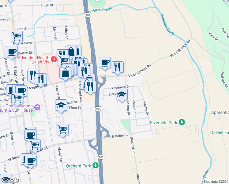 map of restaurants, bars, coffee shops, grocery stores, and more near 760 El Rio Street in Ukiah