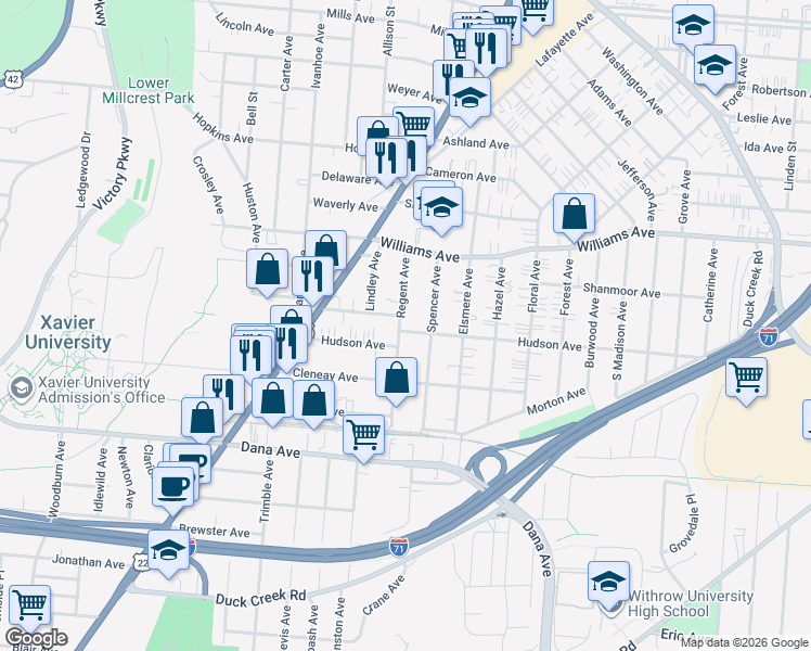 map of restaurants, bars, coffee shops, grocery stores, and more near 3904 Regent Avenue in Cincinnati