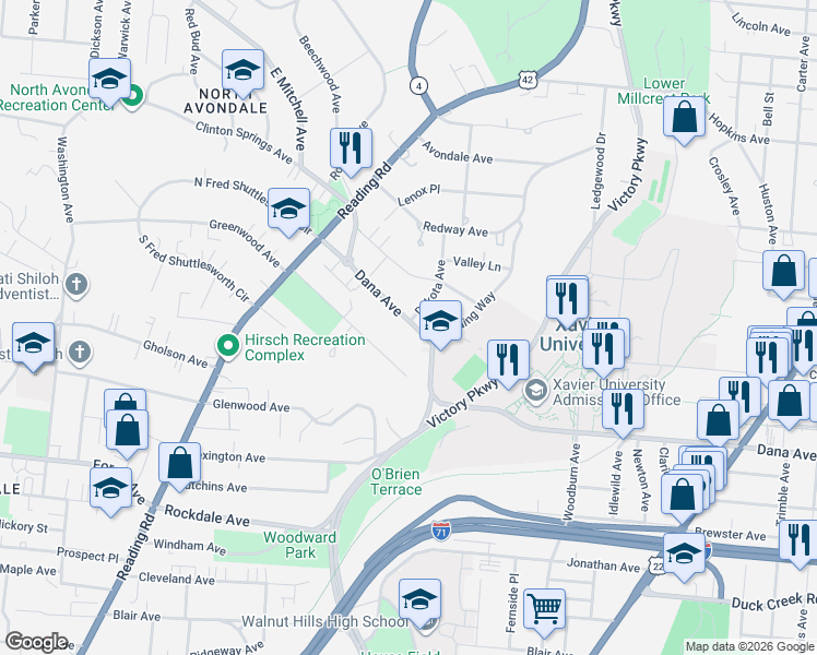 map of restaurants, bars, coffee shops, grocery stores, and more near 995 Dana Avenue in Cincinnati