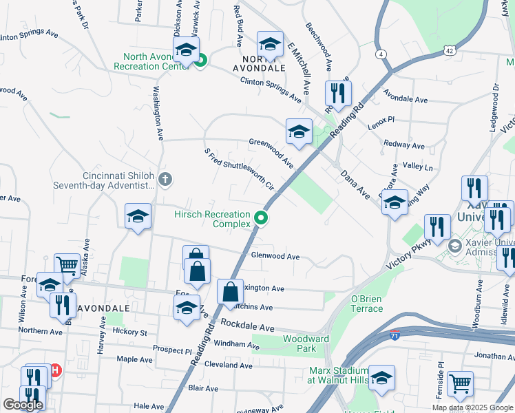 map of restaurants, bars, coffee shops, grocery stores, and more near 3655 Reading Road in Cincinnati