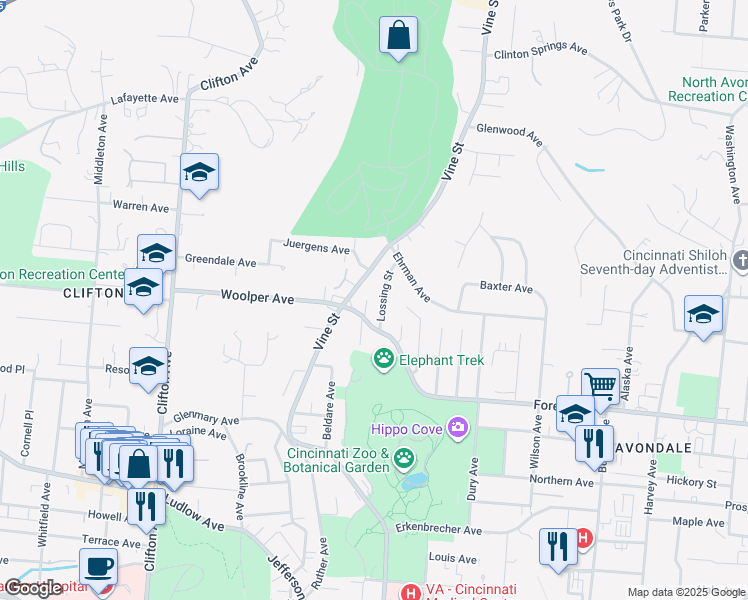 map of restaurants, bars, coffee shops, grocery stores, and more near 3646 Vine Street in Cincinnati