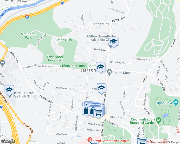 map of restaurants, bars, coffee shops, grocery stores, and more near in Cincinnati