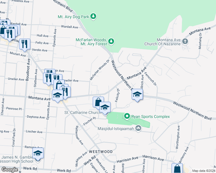 map of restaurants, bars, coffee shops, grocery stores, and more near 2824 Montana Avenue in Cincinnati