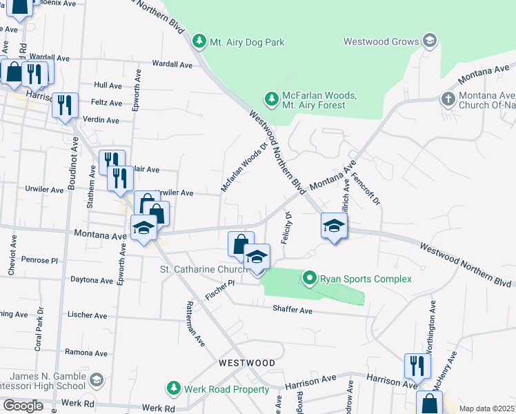 map of restaurants, bars, coffee shops, grocery stores, and more near 2824 Montana Avenue in Cincinnati