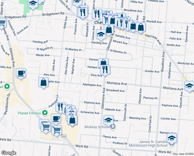 map of restaurants, bars, coffee shops, grocery stores, and more near 3719 Dina Avenue in Cincinnati