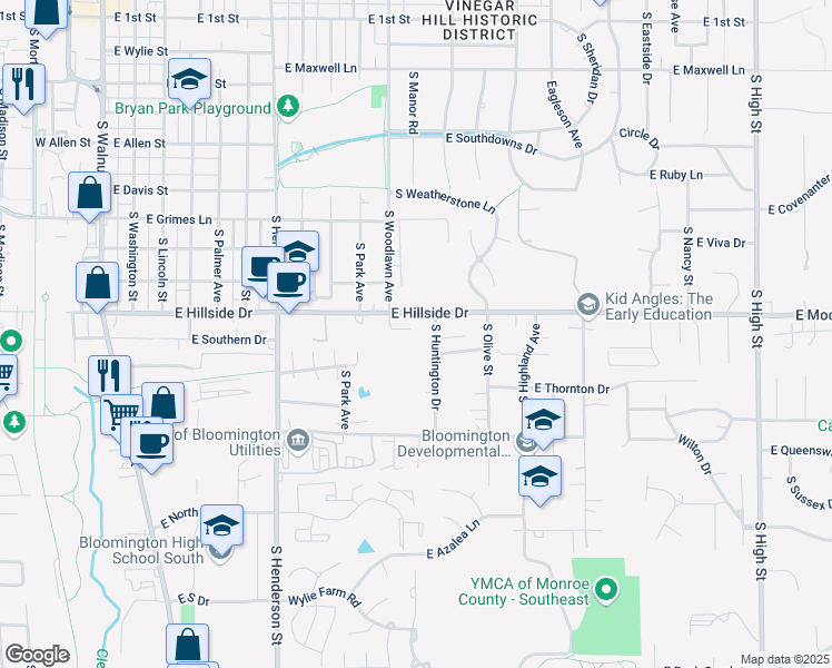map of restaurants, bars, coffee shops, grocery stores, and more near 962 East Hillside Drive in Bloomington