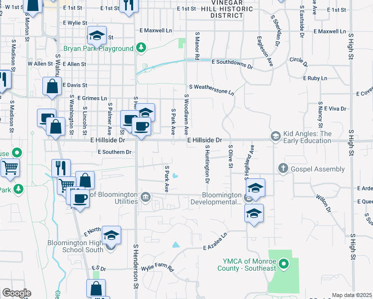 map of restaurants, bars, coffee shops, grocery stores, and more near 914 East Hillside Drive in Bloomington