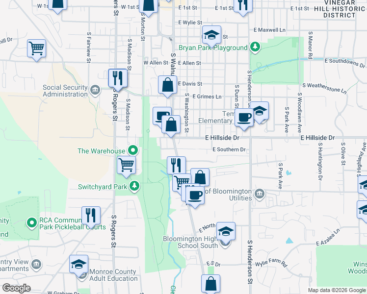 map of restaurants, bars, coffee shops, grocery stores, and more near 1513 South Walnut Street in Bloomington