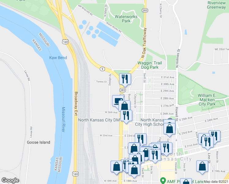 map of restaurants, bars, coffee shops, grocery stores, and more near 2900 Burlington Street in North Kansas City