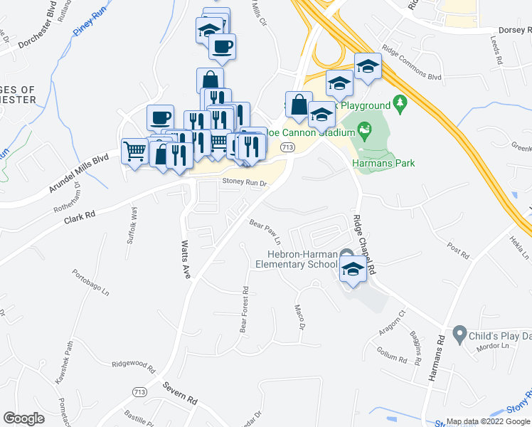map of restaurants, bars, coffee shops, grocery stores, and more near 7409 Thames River Drive in Hanover