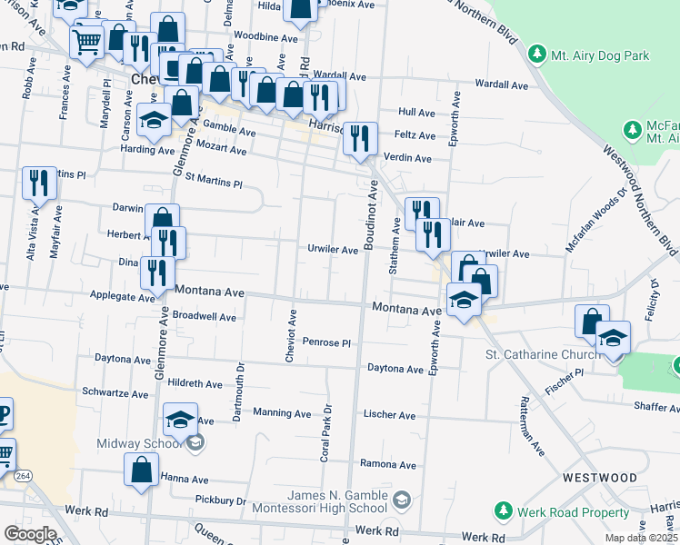 map of restaurants, bars, coffee shops, grocery stores, and more near 3426 Craig Avenue in Cincinnati