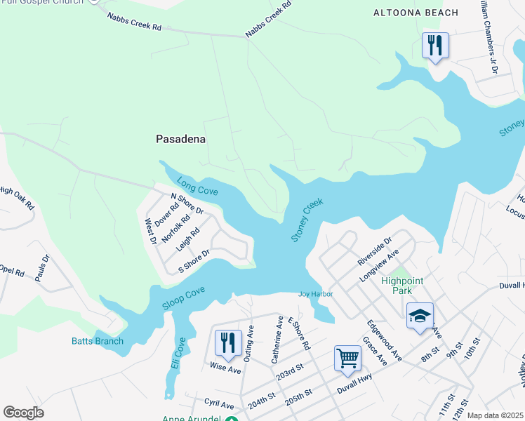 map of restaurants, bars, coffee shops, grocery stores, and more near 7733 Locust Grove Road in Glen Burnie