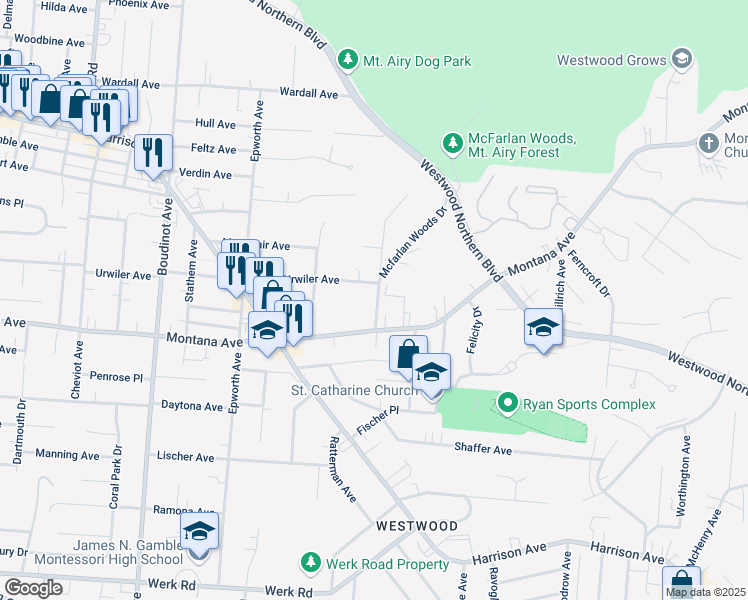map of restaurants, bars, coffee shops, grocery stores, and more near 3425 Mcfarlan Road in Cincinnati