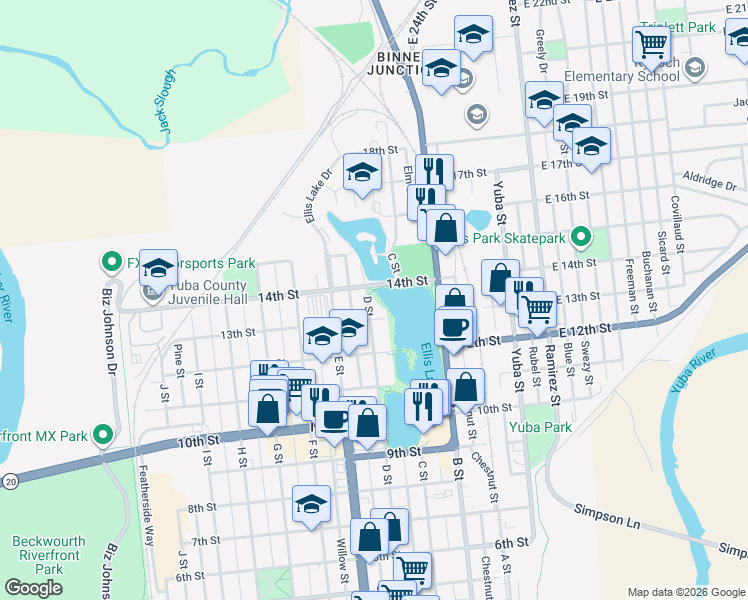 map of restaurants, bars, coffee shops, grocery stores, and more near 1313 D Street in Marysville