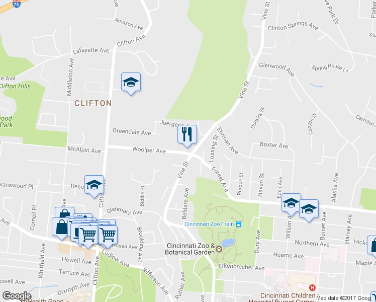 map of restaurants, bars, coffee shops, grocery stores, and more near 110 Woolper Avenue in Cincinnati
