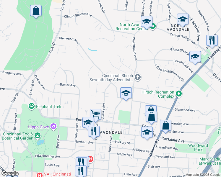 map of restaurants, bars, coffee shops, grocery stores, and more near 3640 Alaska Avenue in Cincinnati