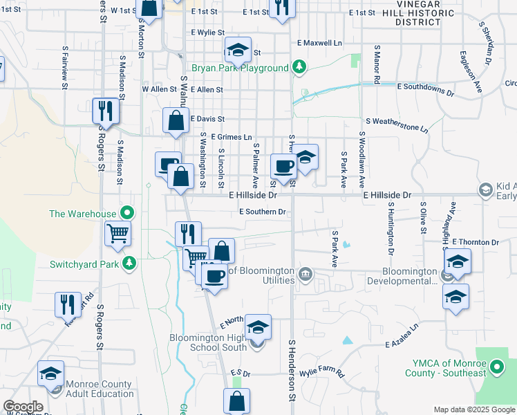map of restaurants, bars, coffee shops, grocery stores, and more near 425 East Southern Drive in Bloomington