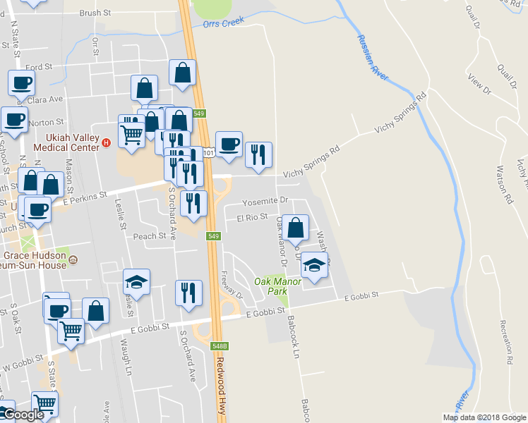 map of restaurants, bars, coffee shops, grocery stores, and more near 760 El Rio St in Ukiah