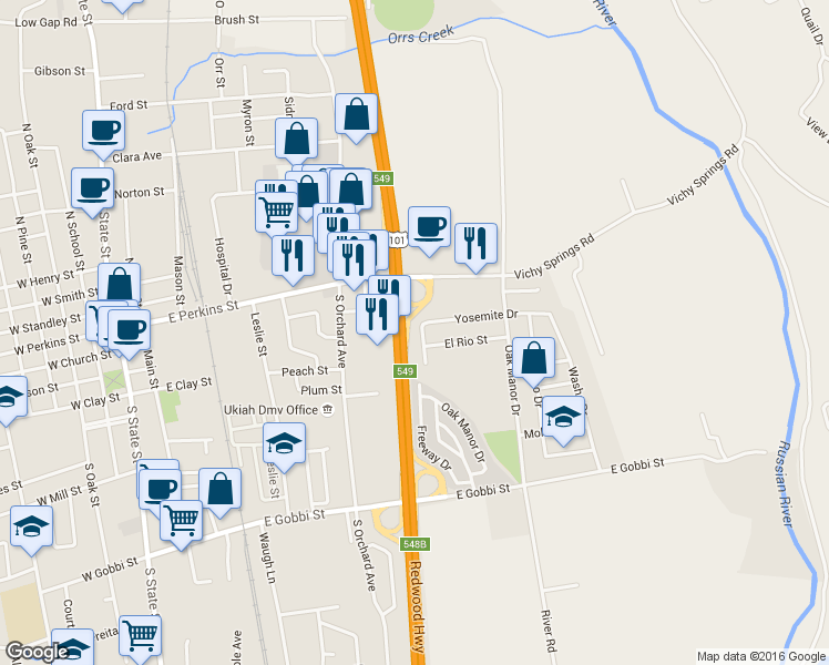 map of restaurants, bars, coffee shops, grocery stores, and more near 350 El Rio Court in Ukiah
