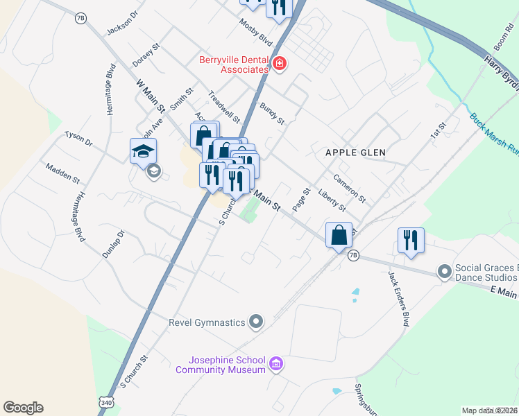map of restaurants, bars, coffee shops, grocery stores, and more near 35 East Main Street in Berryville