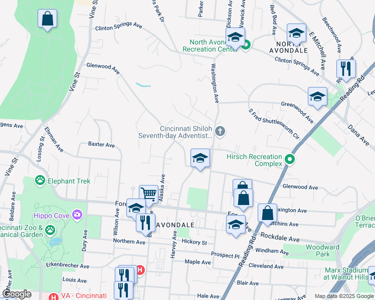 map of restaurants, bars, coffee shops, grocery stores, and more near 508 Glenwood Avenue in Cincinnati