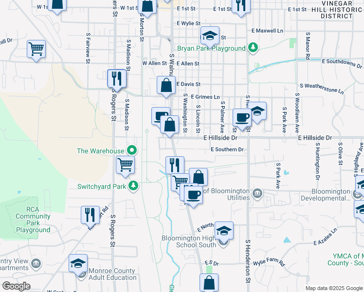 map of restaurants, bars, coffee shops, grocery stores, and more near 1513 South Walnut Street in Bloomington