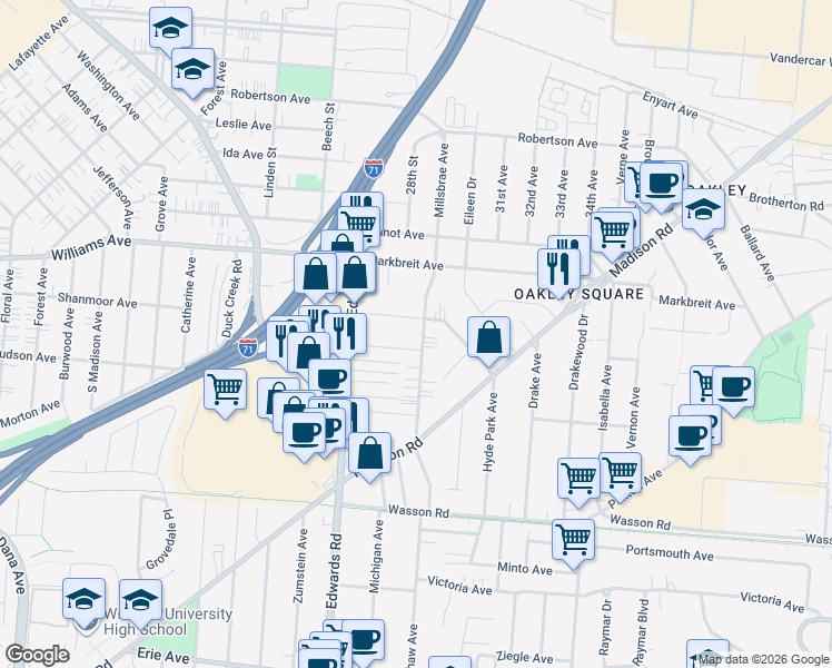 map of restaurants, bars, coffee shops, grocery stores, and more near 3909 Millsbrae Avenue in Cincinnati