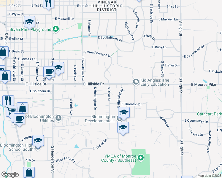 map of restaurants, bars, coffee shops, grocery stores, and more near 1507 South Olive Street in Bloomington