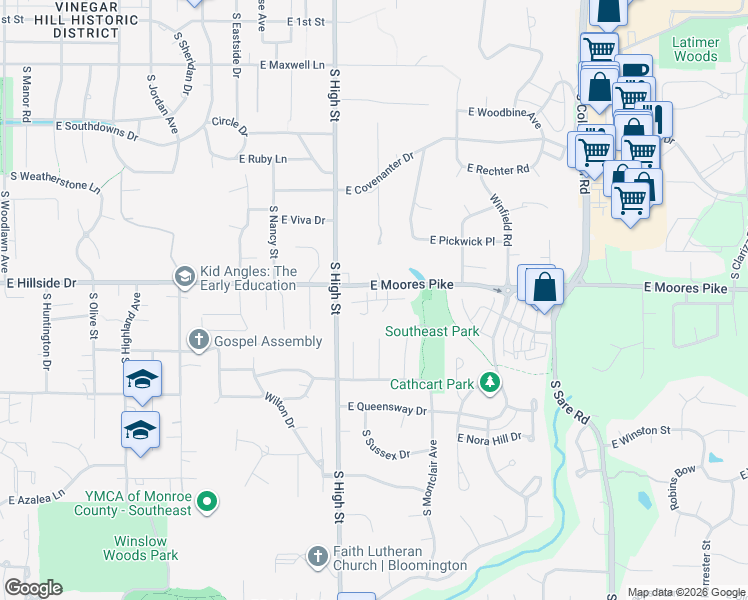 map of restaurants, bars, coffee shops, grocery stores, and more near 2214 E Cape Cod Dr in Bloomington