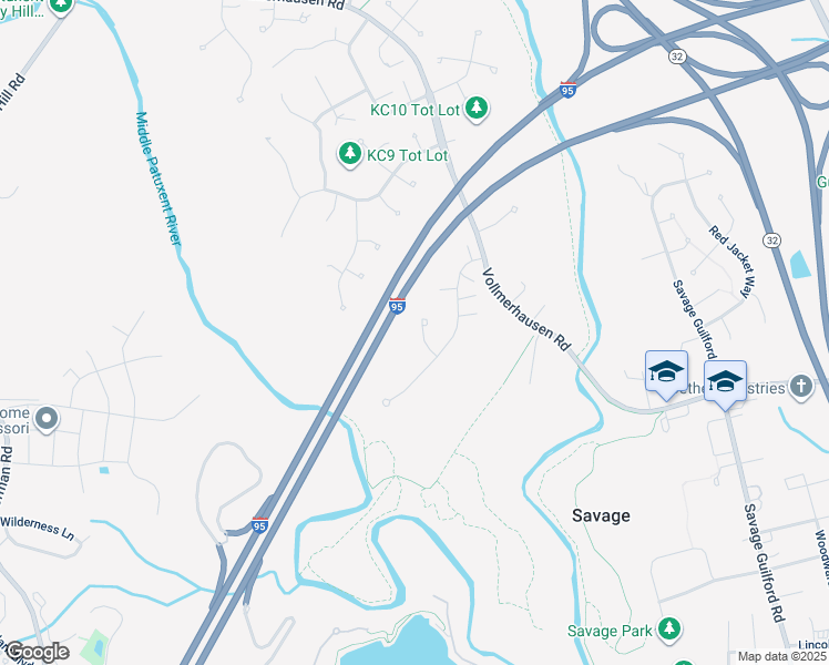 map of restaurants, bars, coffee shops, grocery stores, and more near 9319 Many Flower Lane in Jessup